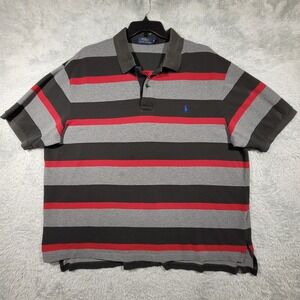 Polo Ralph Lauren Polo Shirt Mens 3XB Grey Black Red Striped Cotton Pique Pony
